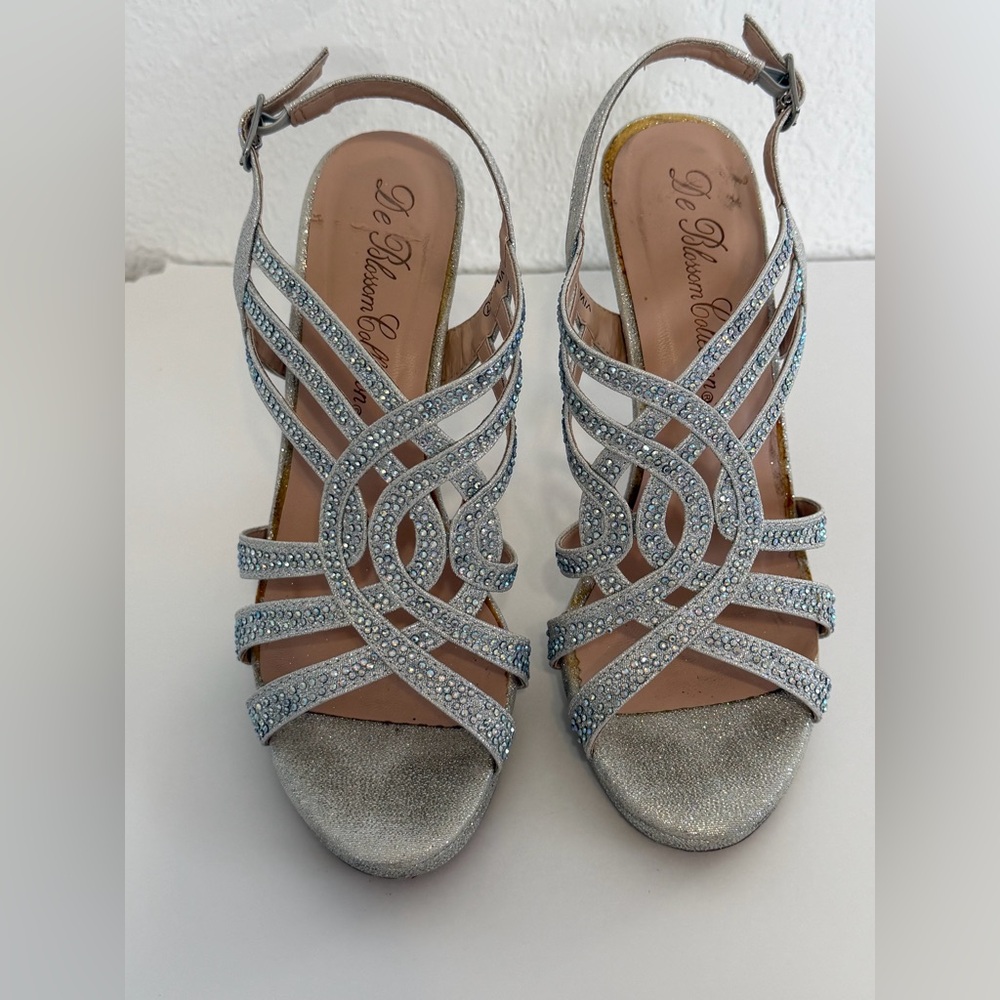 Rhinestone Glitter Teal Heels Size 7M Strappy Prom Wedding Shoes